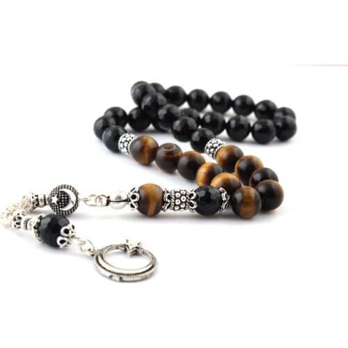 Natural Onyx And Tigereye 925 Silver Tassel 33 Beads For Prayer Tasbih Rosary Calming Men Women Meditation Jewelry From Turkey