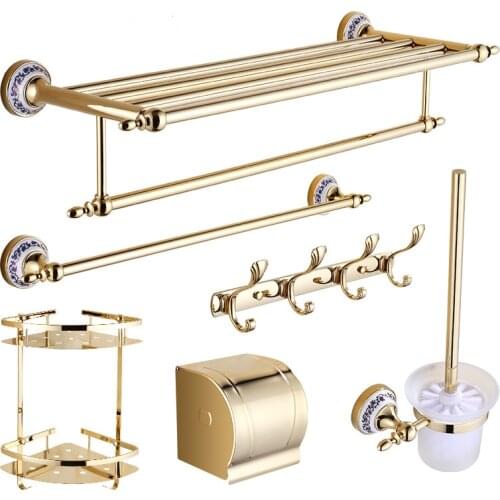 European Golden Ceramic Bathroom Accessories Sets Chrome Finish Bathroom Hardwares set Wall Mounted Brass Bathroom Accessories