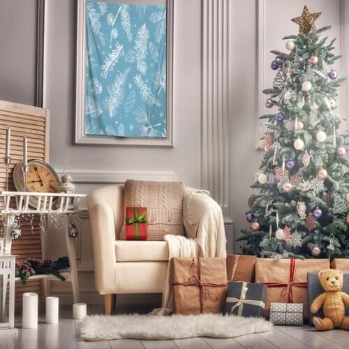 Tapestry Pine Tree Cones Branches Flowers Snowflakes Snowy Winter Theme Decorating Artwork Printed Blue White