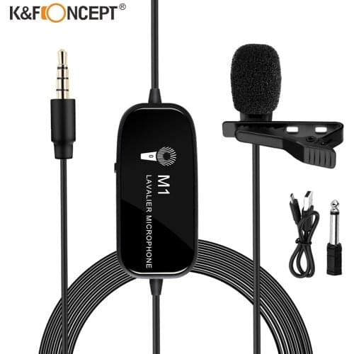 K&F Concept 3.5mm Lavalier Microphone Rechargeable Omnidirectional Mic with Clip-on Recording System for Phones DSLR Cameras
