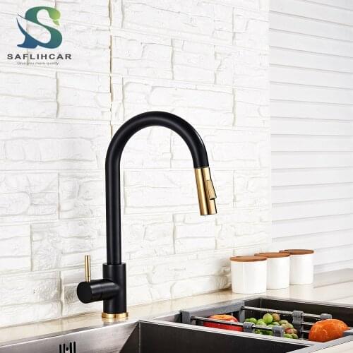 Kitchen Sink Faucet Pull Out Sprayer Nozzle Black Golden Faucet 360° Rottable Deck Mounted Hot and Cold Water Single Hanlde Tap