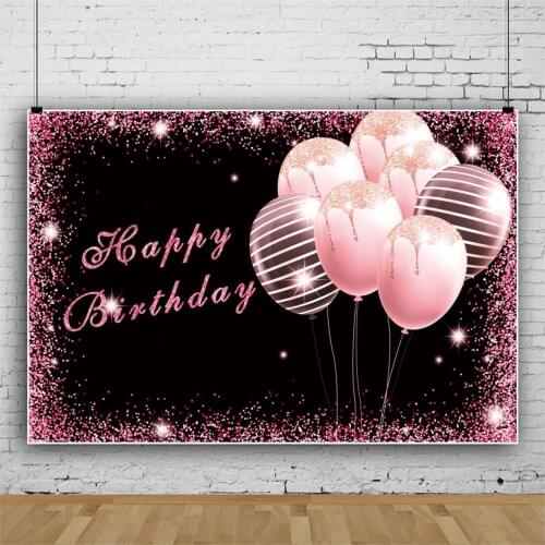 Laeacco Black Backdrops For Photography Happy Birthday Party Pink Glitters Balloons Customized Banner Poster Photo Backgrounds