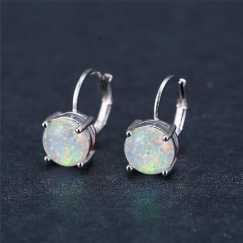 Boho Female Blue White Opal Stone Earrings Silver Color Small Clip Earrings For Women Cute Bridal Round Wedding Earrings