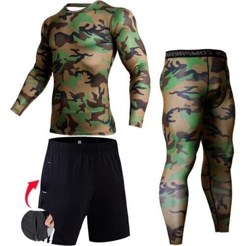Men Compression Tights Base layer Running Fitness Tights Leggings Sports shirts Camouflage Tracksuit rash guard Male Jogging Set