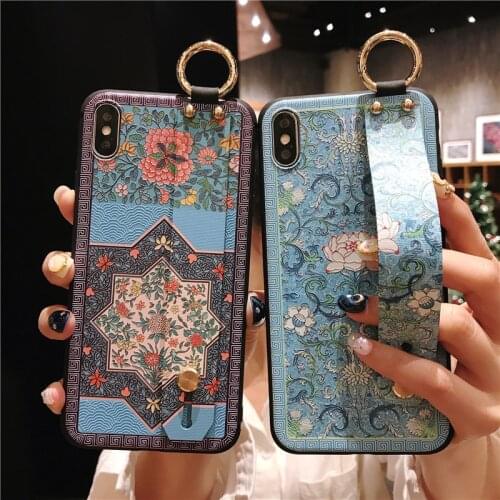 Retro flowers Wirst Strap Soft TPU Case For iphone 7 8 6 6S plus Case For iphone 12 Mini 11 Pro X XS MAX XR phone Holder Case