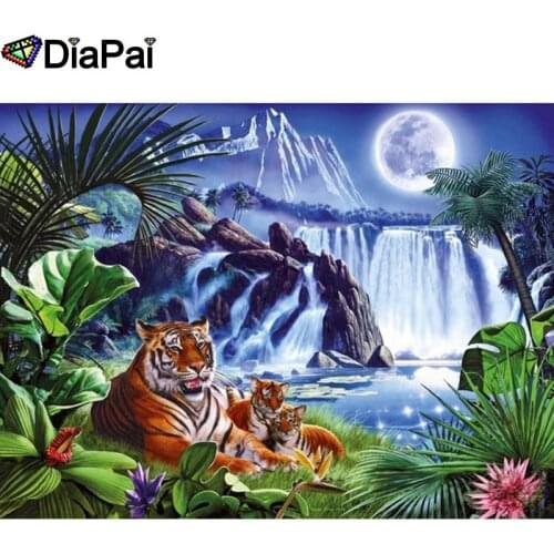 DIAPAI Square/Round Drill 5D DIY Diamond Painting "Tiger waterfall moon" Embroidery Cross Stitch Full Rhinestone Decor A26434