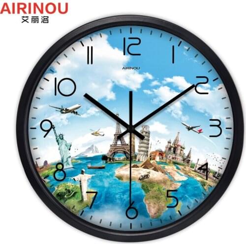 The World Places of Interest Travel Wall clock,Living Room Quartz Glass Silent Home Decor Clock
