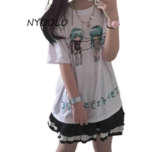 NYOOLO Harajuku Japanese Anime Cartoon Sweet Girl Print Short Sleeve Goth T-Shirt Women Kawaii Clothes Summer School White Tops