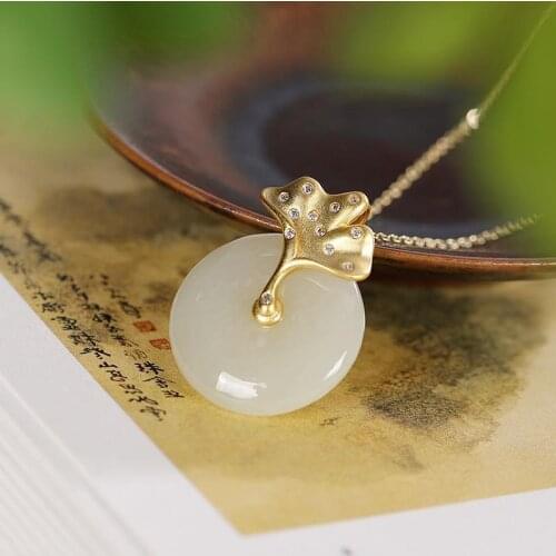 Original S925 Sterling Silver Natural Exquisite Hetian Jade White Jade Peace Buckle Ginkgo Leaf High Grade Ladies Pendant