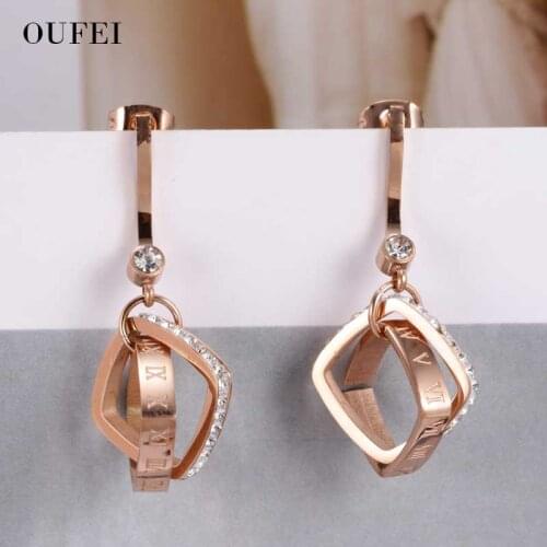 OUFEI Rose Gold Stainless Steel For Women Geometric Earrings Crystal Cute jewelry Square Earrings Stud Earrings Fashion Jewelry