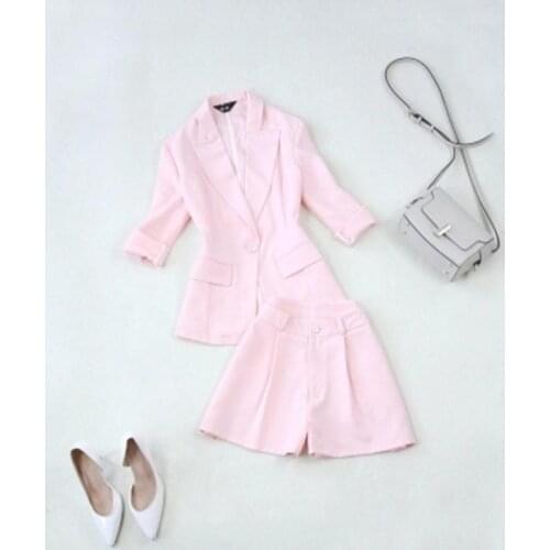 Pink Fashion suits Womens Summer New Pink 7-point sleeve suit + wide leg high waist shorts thin suit women