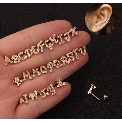 1Pc 20G Stainles Steel Barbell Cz 26 English Letters Cartilage Earrings for Women Helix Tragus Stud Earring Ear Piercing Jewelry
