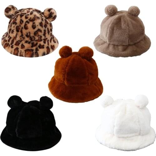 Women Winter Fluffy Plush Warm Bucket Hat with Cute Pompom Bear Ears Solid Color Leopard Short Brim Travel Packable Cloche