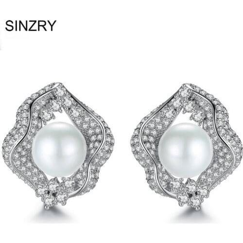 SINZRY jewelry AAA+ Cubic zircon Micro paved simulated pearl geometry stud earrings Luxury jewellery