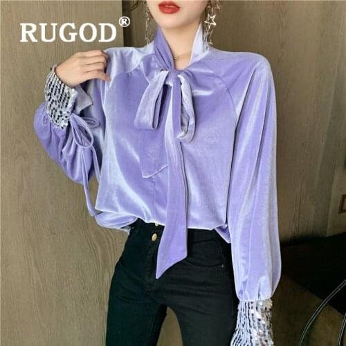 Velvet Shirt for Women Bow Bandage Sequins Long Sleeve Lace-up Blouses Vintage Fashion Top Elegant 2020 New Korean Style Chic