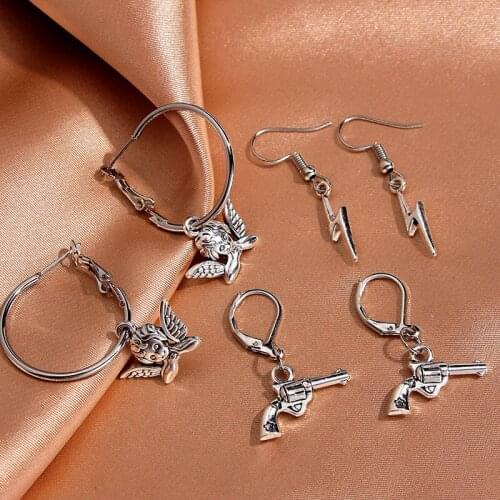 Flatfoosie 3Pcs/set Creative Lightning Drop Earrings Female Punk Personality Pistols Cupid Angel Earring Sets Jewelry Gifts