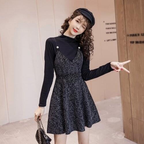 Autumn spring comfortable fresh women sets black slim basic top and strap shining mini a-line dress cute elegant women sets