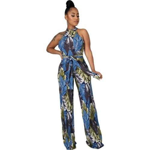 Womens Summer Sleeveless High Waist Wide Leg Pants Printed Casual Jumpsuit