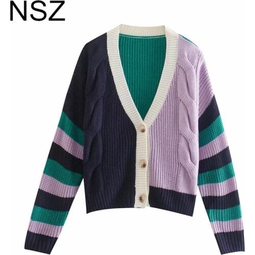 NSZ Women Patchwork Contrasting Colors Oversized Knit Cardigan Sweater Jacket Coat 2021 New Ladies Knitwear Jumper Pull Femme