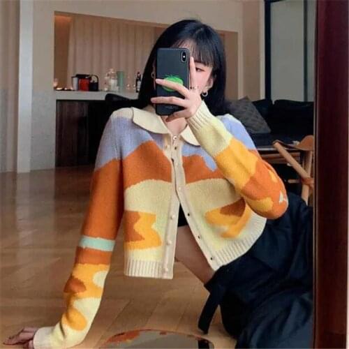 Vintage Autumn French Style Print Crropped Knitted Sweater Women Loose Single Breasted Long Sleeve Turn Down Collar Cardigan
