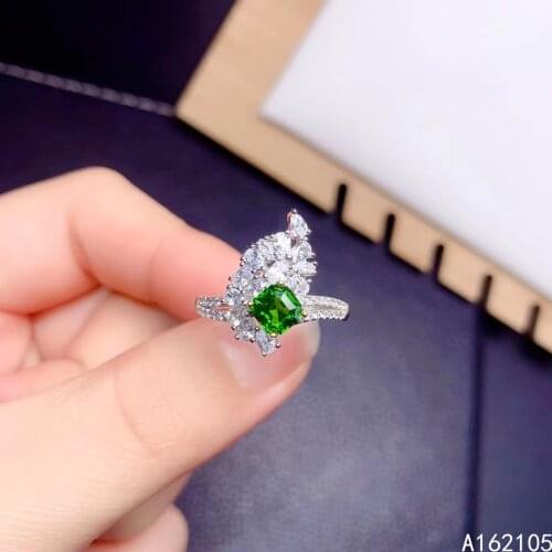 925 Pure Silver Chinese Style Natural Diopside Womens Luxury Elegant Plant Square Adjustable Gem Ring Fine Jewelry Support Dete
