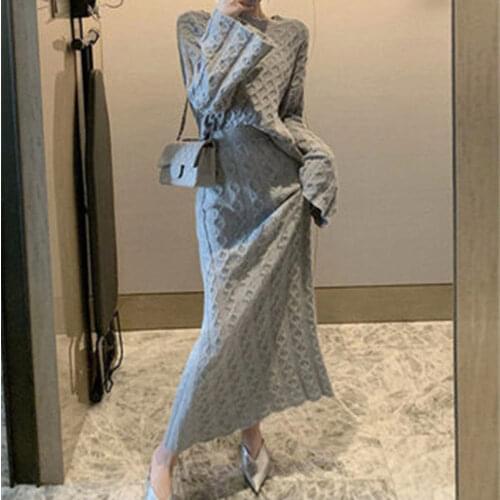 2021 Elegant Two Piece Dress White Round Neck Knit Dress High Waist Lazy Style Autumn Winter Dress Two Piece Set Y281