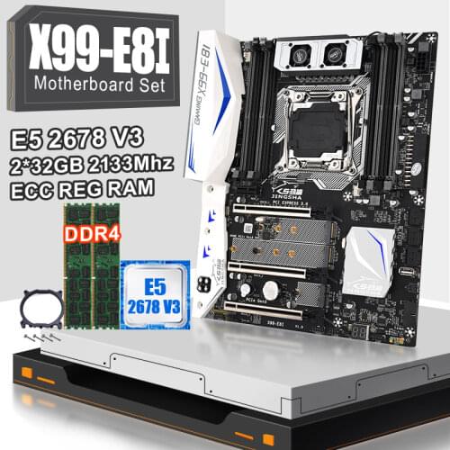 JINGSAH X99 E8I Motherboard Set With XEON E5 26780V3 LGA2011-3 All Series 2pcs DDR4 32GB 2133 ECC REG Memory USB3.0 Turbo Boost