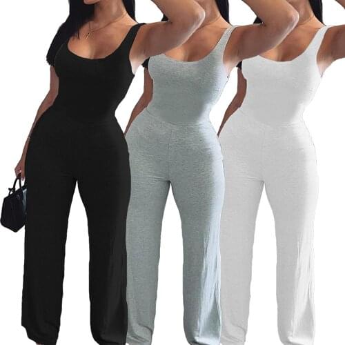 Women Sleeveless Tank Pockets Bodycon Club Party Long Wide Leg Jumpsuits Rompers Vest Casual Sports Flared Jumpsuit