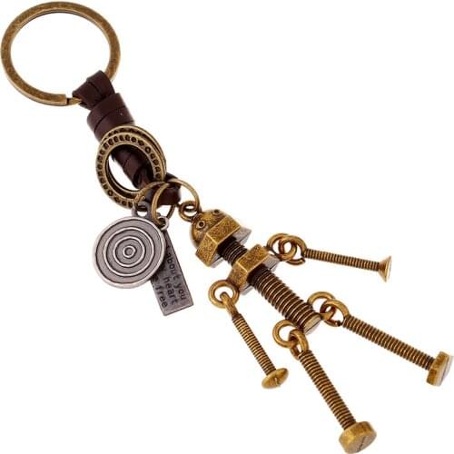 Punk Fashion Metal Robot Keychain Vintage Cowhide Leather Handmade Pendant Car Key Chains Keyring Gothic Retro Women Men Jewelry
