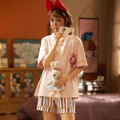 Mujer Loose Underwear Pink Cute Sleepwear Short Sleeve Shorts Pajamas Set Lovely Funny O-Neck Design Cotton Homewear Pijama