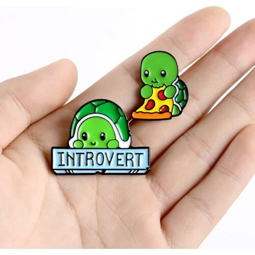 Cartoon Tortoise Enamel Pins Custom Introvert Brooches Cute Pizza Animal Button Badge Turtle Jewelry Gift For Kids Friends