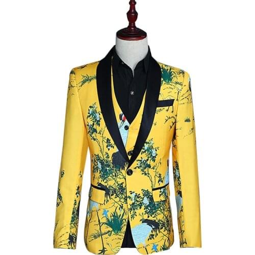 Fashion Suits Men 2019 Long Sleeve Dress Mens Casual Prom For Stage Suit Slim Fit Yellow Clothing Three Piece Set Coat Pants S
