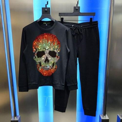 Shiny Luxury Skull Hoodie + Pants Winter Mens Tracksuit With Hot Diamond Pattern Sets Brand Pullover