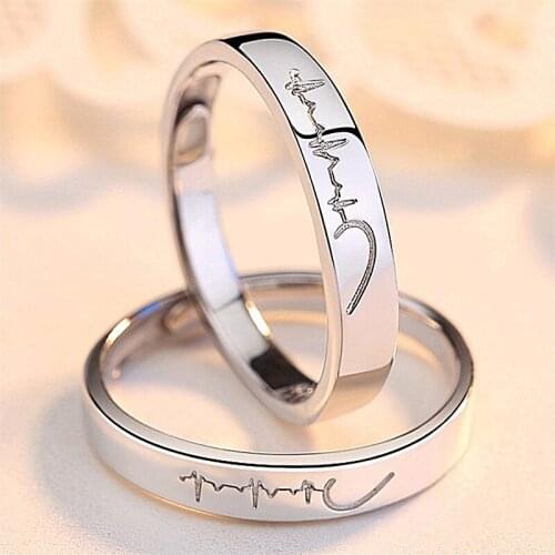Andshiny Fashion Couple Rings Set Lovers Creative Cardiogram Love Heart Drawing Stitching Copper Zircon Open Ring Joint Ring Set