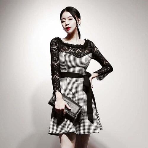 New arrival lace perspective sexy plaid formal dress temperamental high quality work style spring autumn basic mini a-line dress