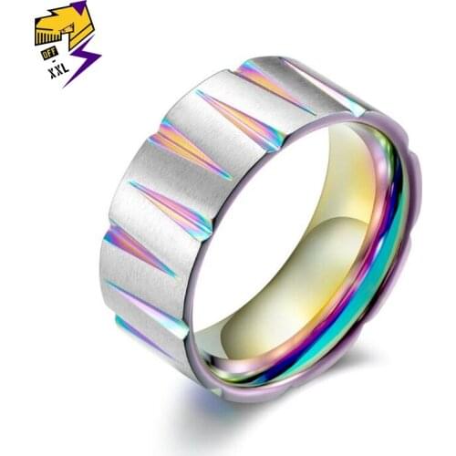 Titanium Steel Rainbow Wedding Rings Women Drawing Cone Shape Gold Color Black Bands Rings for Men Engagement Jewelry