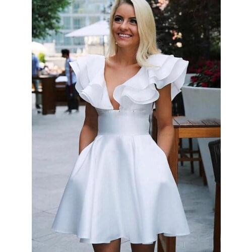 Charming White Prom Dresses 2021 New Arrival Sexy Deep V-Neck Princess Short Homecoming Dress A-Line Satin Girl Graduation Dress