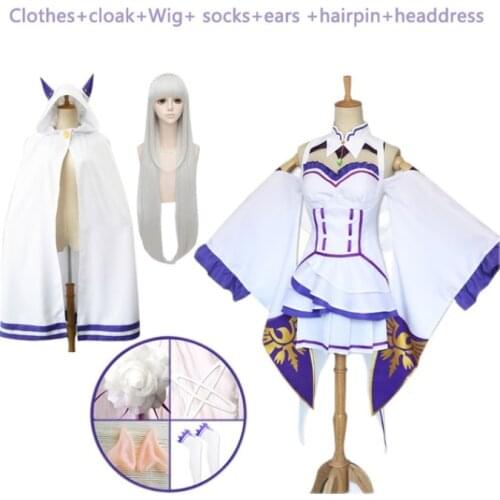 Anime Re:Zero Starting Life in Another World Emilia Cosplay Costume Cat Ears Cloak Cape Coat Wigs Women Cosplay Dress With Party