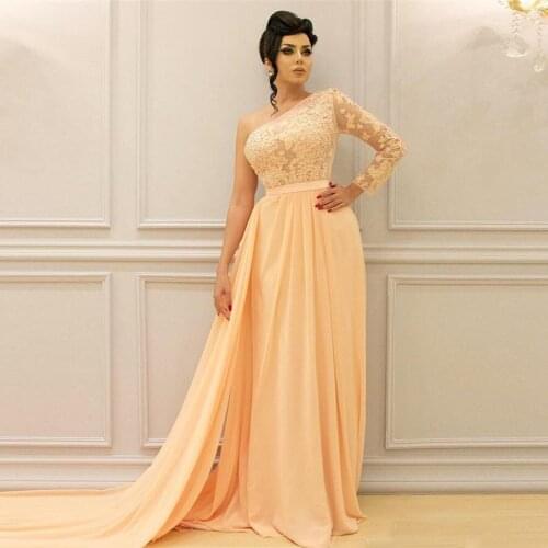 One Shoulder Prom Dresses Lace Beaded 2020 Chiffon Custom Made Court Train Party Gowns Fast Long Sleeve Formal Evening Dresses