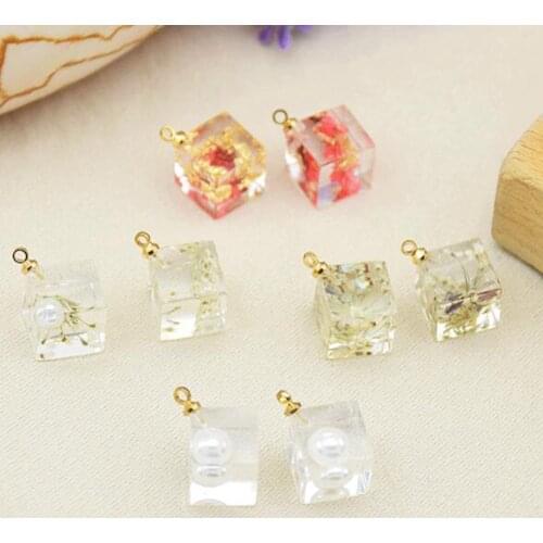 Acrylic Resin 3D Square Dried Flower Pearl Pendant Charms 10MM 10pcs/lot For DIY Fashion Jewelry Making Finding Accessories