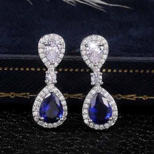 Luxury Female Earrings Silver Color Blue Zircon Water Drop Wedding Earrings for Women Pendientes Oorbellen Brincos