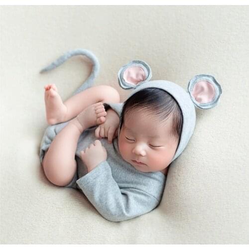 Grey Newborn Animal Bonnet And Romper Overall Photography Props Sewing Cute Hat Diaper Set Photo Prop