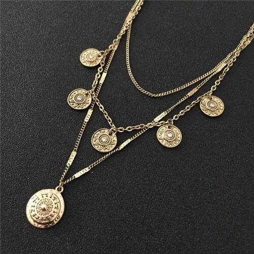 Vintage Antique Gold Color Shield Shape Pendant Layered Necklace Small Coin Charm and 3 Layer In 1 Lobster Clasp Necklace