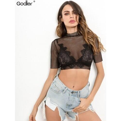 Godier Sexy Mesh Tee See-Through Summer Women Navel T-shirts Short Sleeve Perspective Casual Women Tops Lady Vintage T-shirt