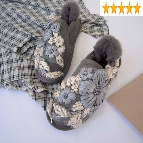 Hand Cotton Shoes Stereoscopic Flowers Hook Wool Yarn Cowhide Snow Rubber Sole Non-Slip Hard-Wearing Womens Ankle Boots