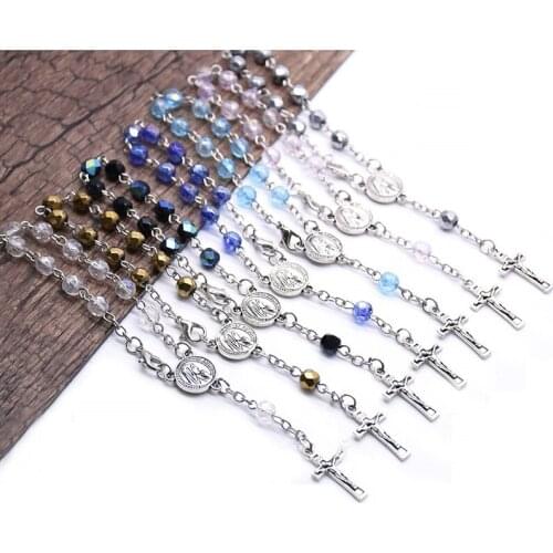 Womens Religious Prayer Fatima Crystal Beads Rosary Bracelets Female Christian Church Souvenir Catholic Cross Bracelet Jewelry