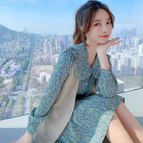 Women 2021 Summer Office Wear Long Dress Suits Female Floral Print Dresses Suit Ladies Vest Coat and Dress 2 Pieces Set R168