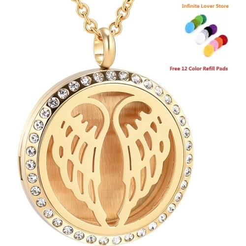 KLH0369 30mm Stainless Steel Gold/Rose Gold/Black Round Angel Wings Aromatherapy Essential Oil Diffuser Locket Necklace
