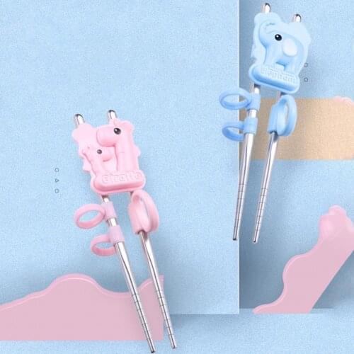 New 1 Pair Kids Chopsticks Cartoon Animal Anti-slip Handle Stainless Steel Feeding Auxiliary Tableware Chopsticks for Infant