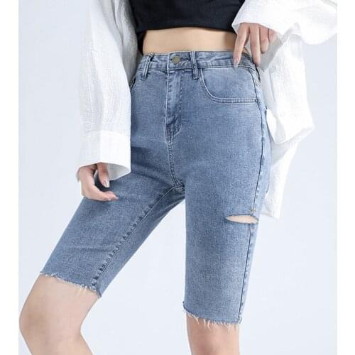 2021 Summer Holes Jeans Capris High Waist Skinny Stretch Cotton Elastic Denim Short Pants Blue Washed Half Trousers Black P015